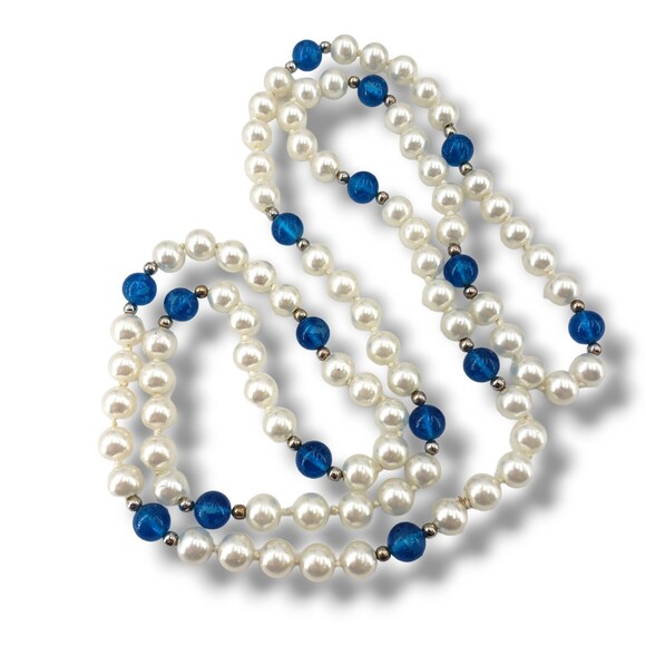 Vintage Hand Knotted Pearl Blue Lucite Gold Tone Satellite Bead Long Necklace - Picture 3 of 5